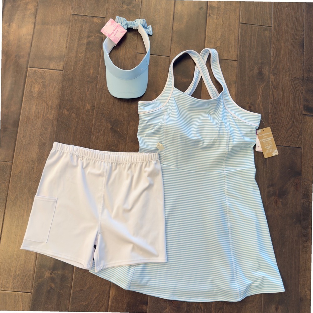 NEW Tommy Bahama Women's L Active Striped Tennis‎ Dress Set with Shorts & Visor